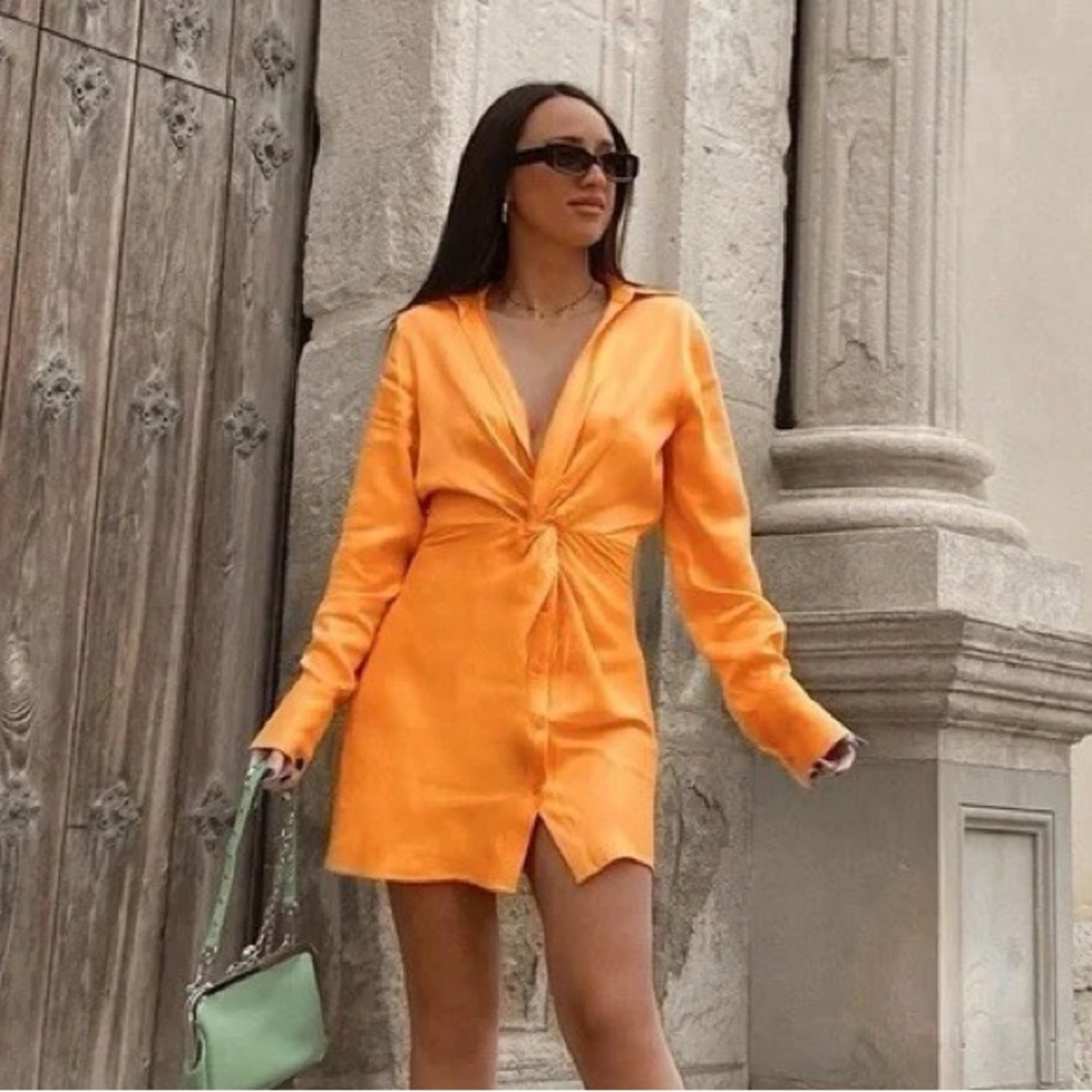 Bright orange Satin Knot dress from Zara. Eye-catching and bold.